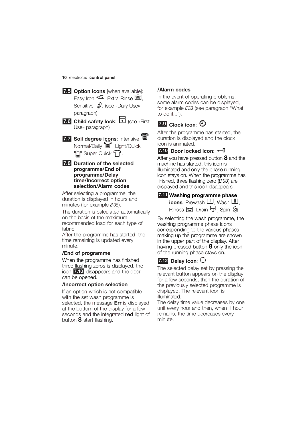 Electrolux EWG 14750 W End of programme, Incorrect option selection, Alarm codes, Clock icon, Door locked icon, Delay icon 