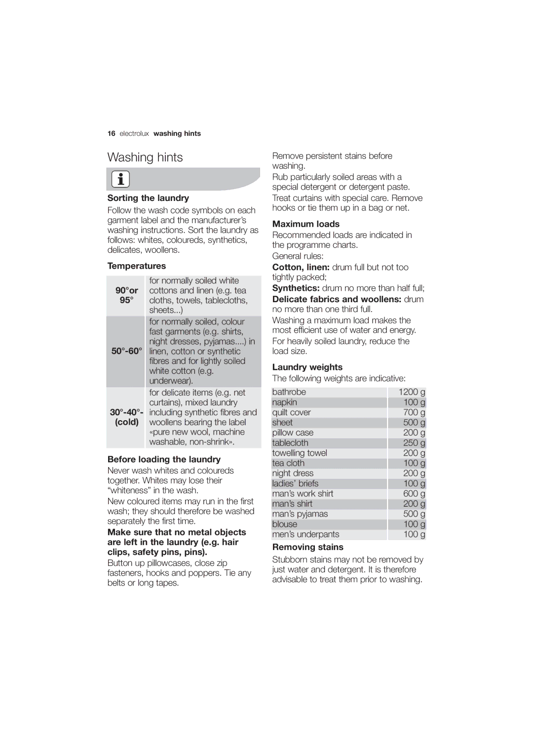 Electrolux EWG 14750 W user manual Washing hints 