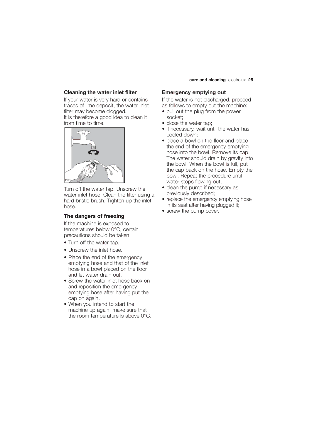 Electrolux EWG 14750 W user manual Cleaning the water inlet filter, Emergency emptying out, Screw the pump cover 