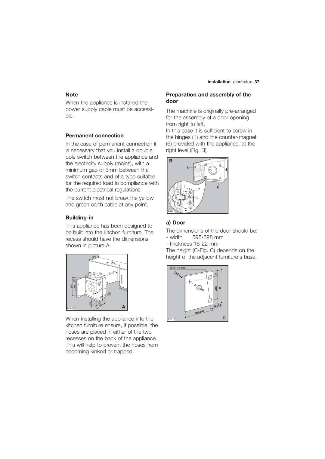 Electrolux EWG 14750 W user manual Permanent connection, Building-in, Preparation and assembly of the door, Door 