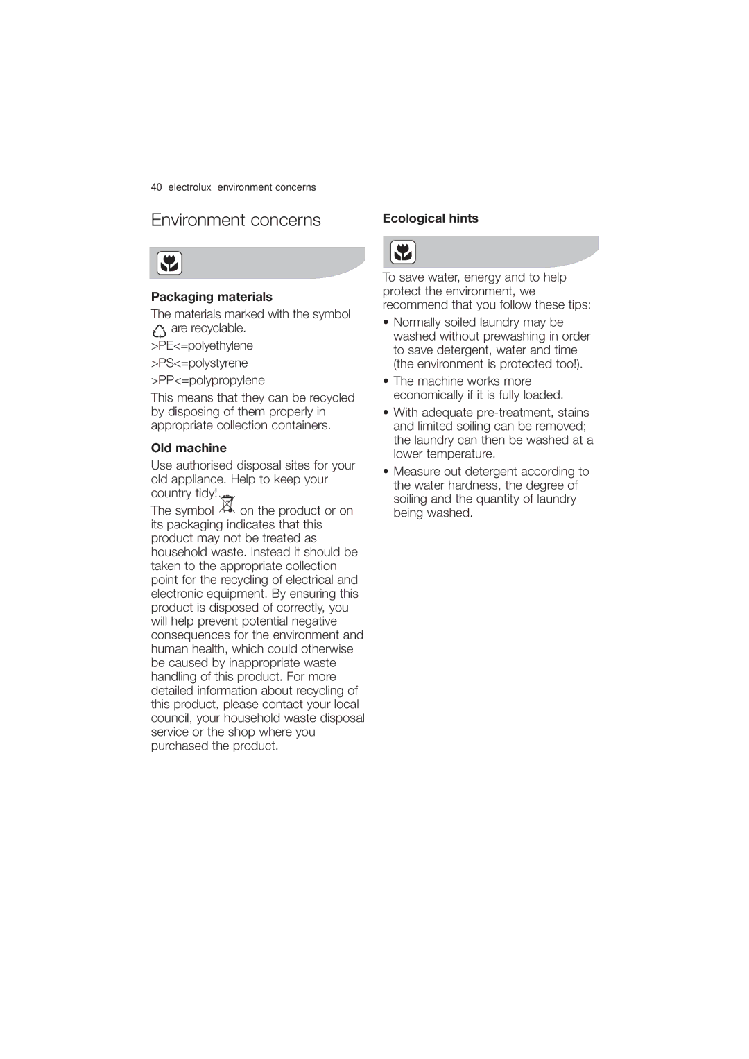 Electrolux EWG 14750 W user manual Environment concerns, Packaging materials, Old machine, Ecological hints 