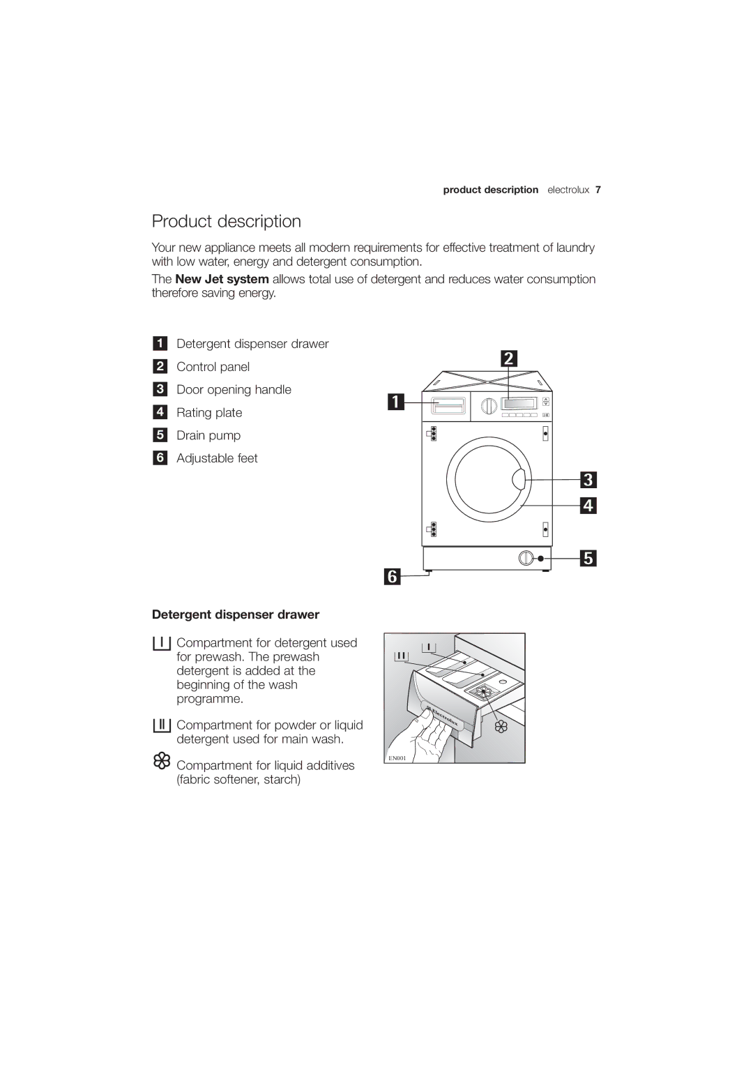 Electrolux EWG 14750 W user manual Product description, Detergent dispenser drawer 