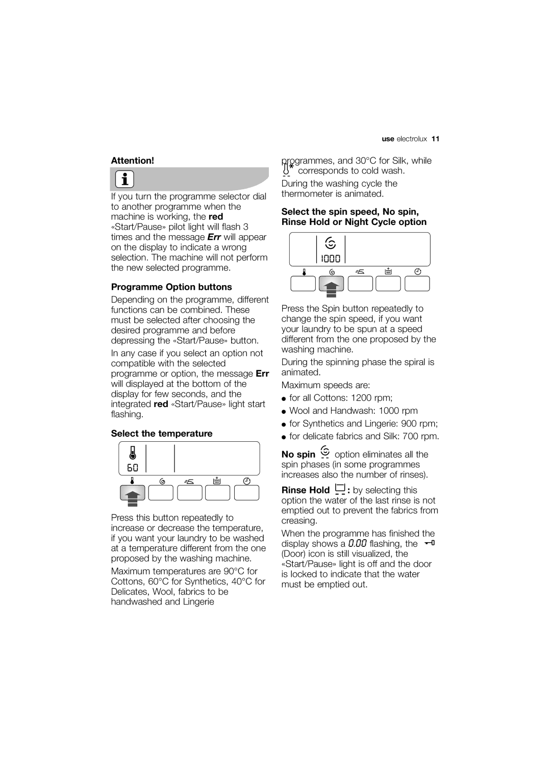 Electrolux EWG12740-W user manual Programme Option buttons, Select the temperature 