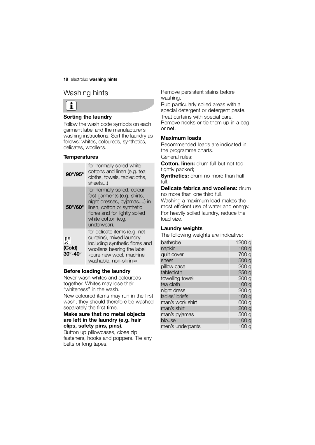 Electrolux EWG12740-W user manual Washing hints 