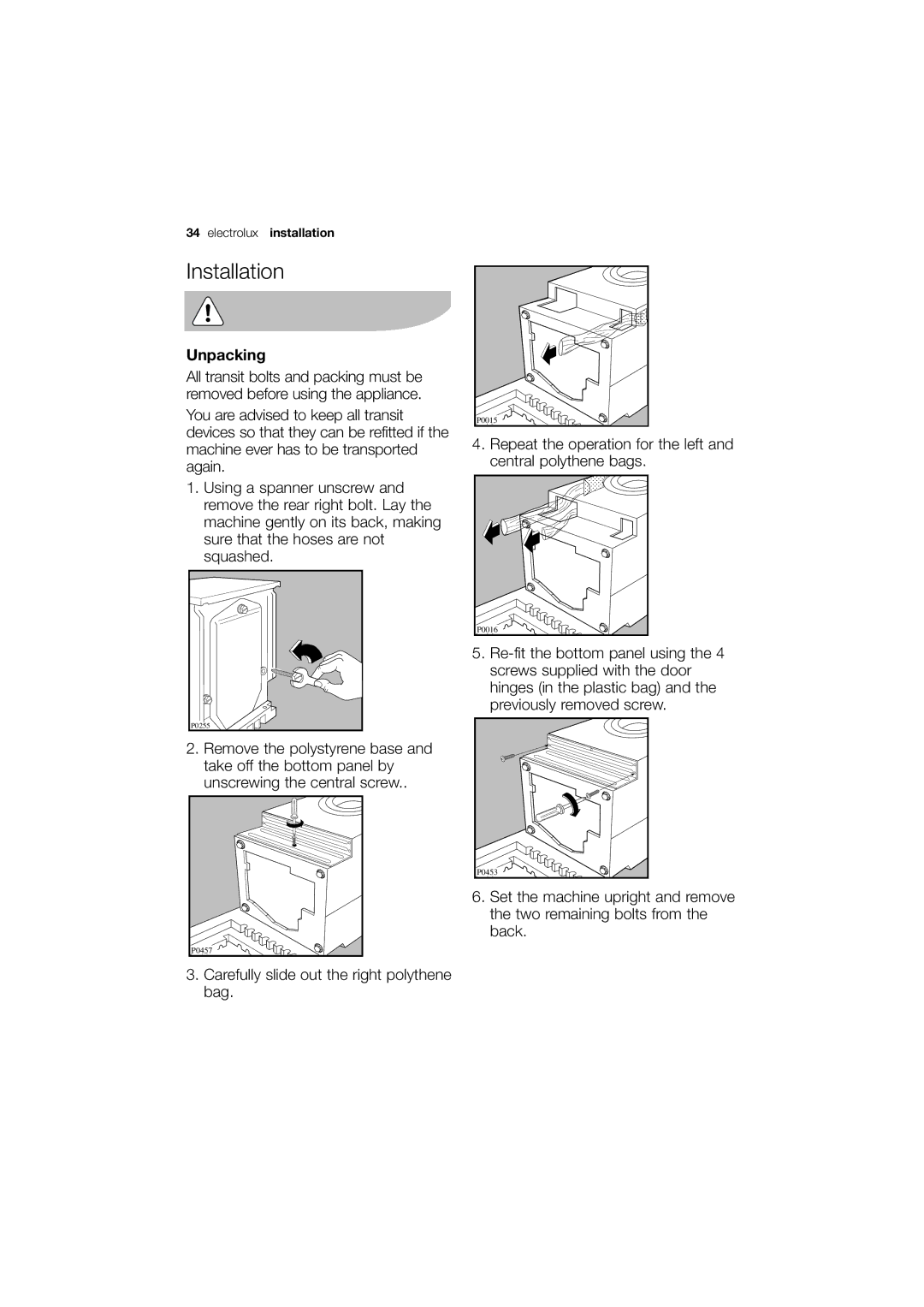 Electrolux EWG12740-W user manual Installation, Unpacking 