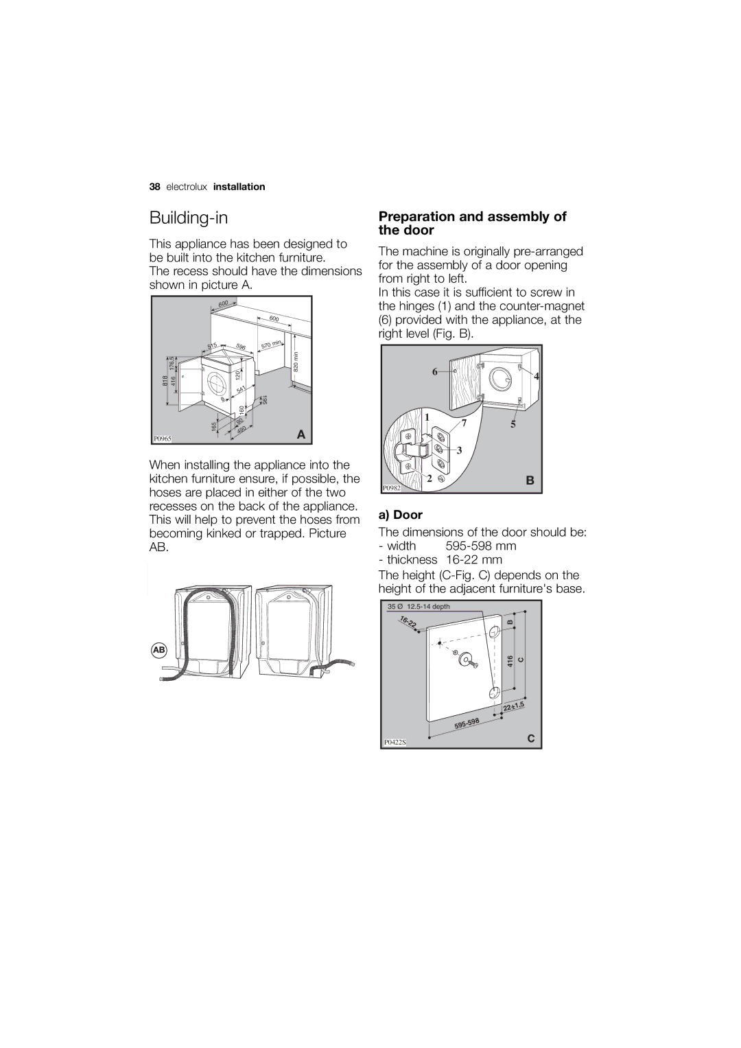 Electrolux EWG12740-W user manual Building-in, Door 