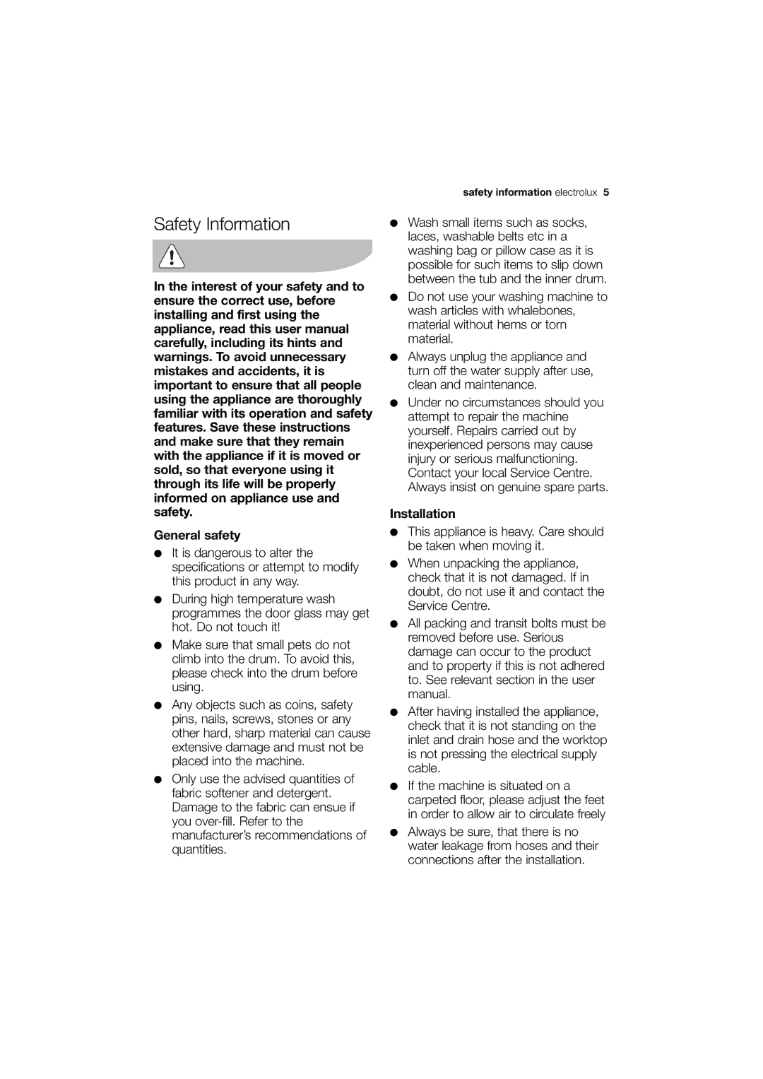 Electrolux EWG12740-W user manual Safety Information, General safety, Installation 