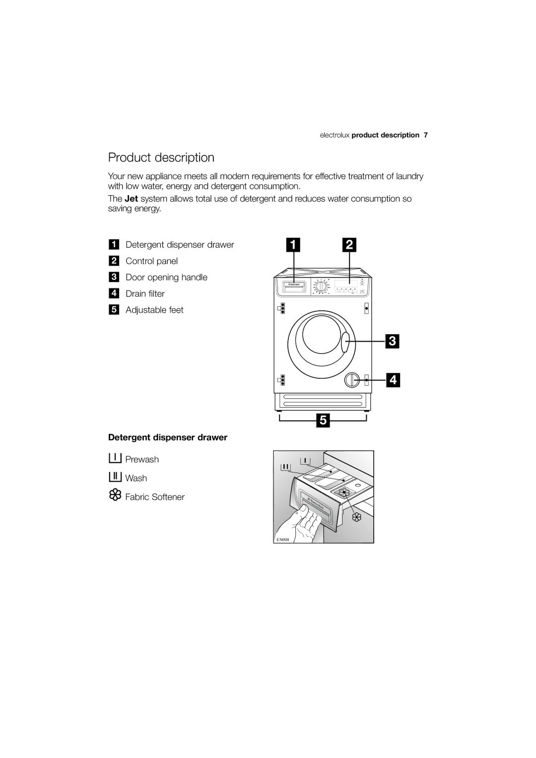 Electrolux EWG12740-W user manual Product description, Detergent dispenser drawer 