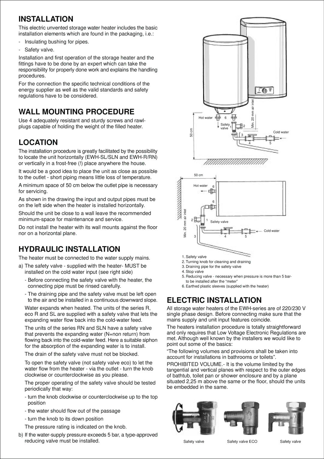 Electrolux EWH-ECO R/RN, EWH-R/RN Wall Mounting Procedure, Location, Hydraulic Installation, Electric Installation 