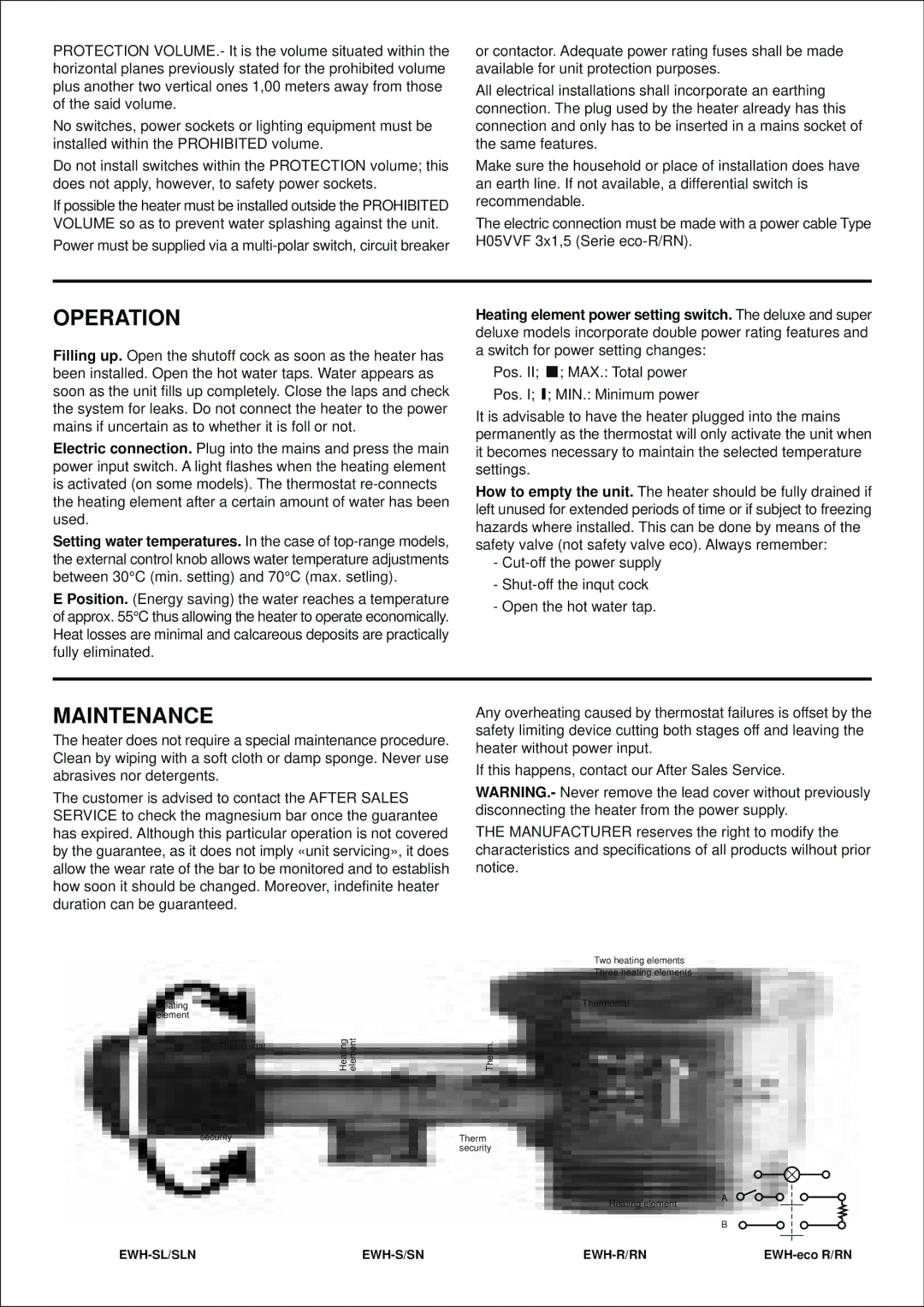 Electrolux EWH-SL/SLN, EWH-R/RN, EWH-S/SN, EWH-ECO R/RN user manual Operation, Maintenance 