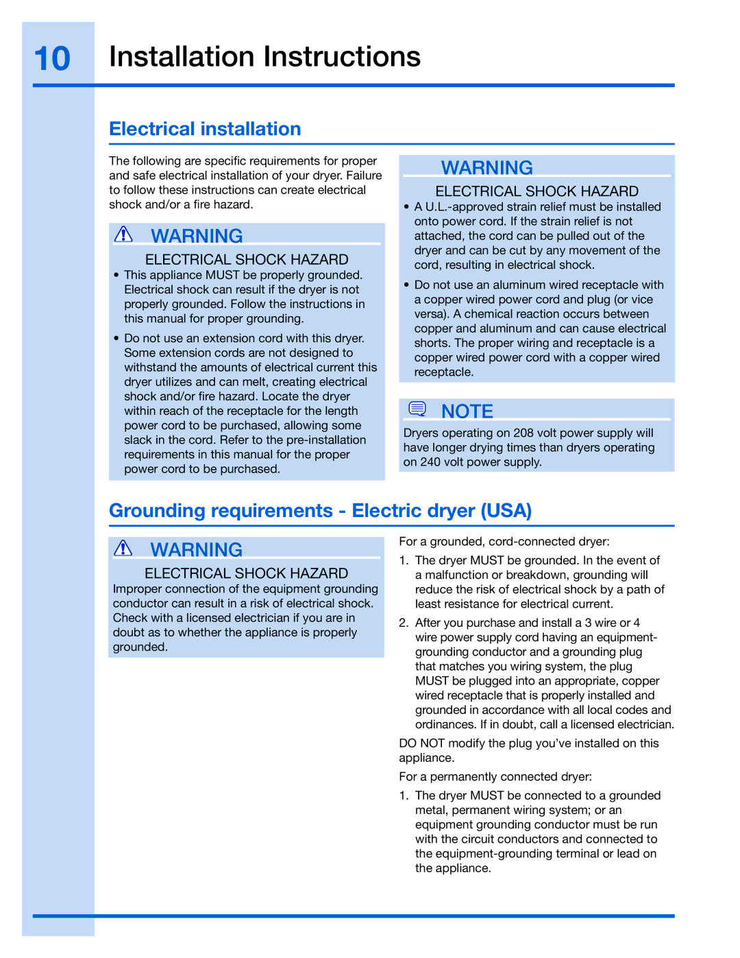 Electrolux 134912700 Installation Instructions, Electrical installation, Grounding requirements Electric dryer USA 