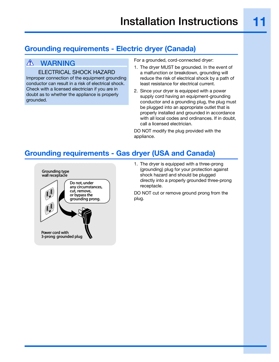 Electrolux 134709300 Grounding requirements Electric dryer Canada, Grounding requirements Gas dryer USA and Canada 