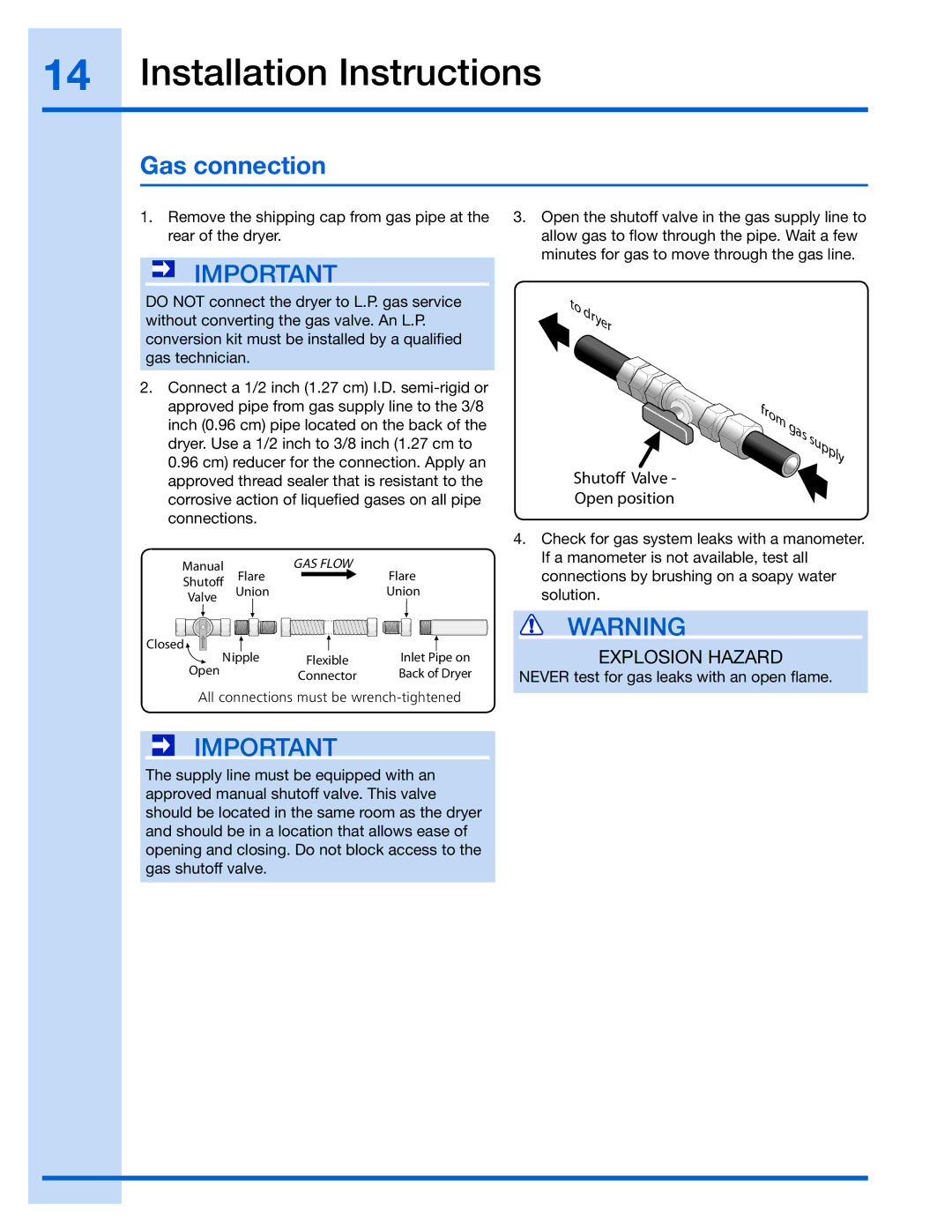 Electrolux 134912700, EWMED65H, 137018200 A, 134709300 installation instructions Gas connection, Todryer 