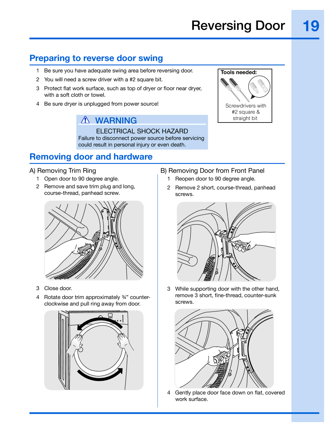 Electrolux 134709300 Reversing Door, Preparing to reverse door swing, Removing door and hardware, Removing Trim Ring 