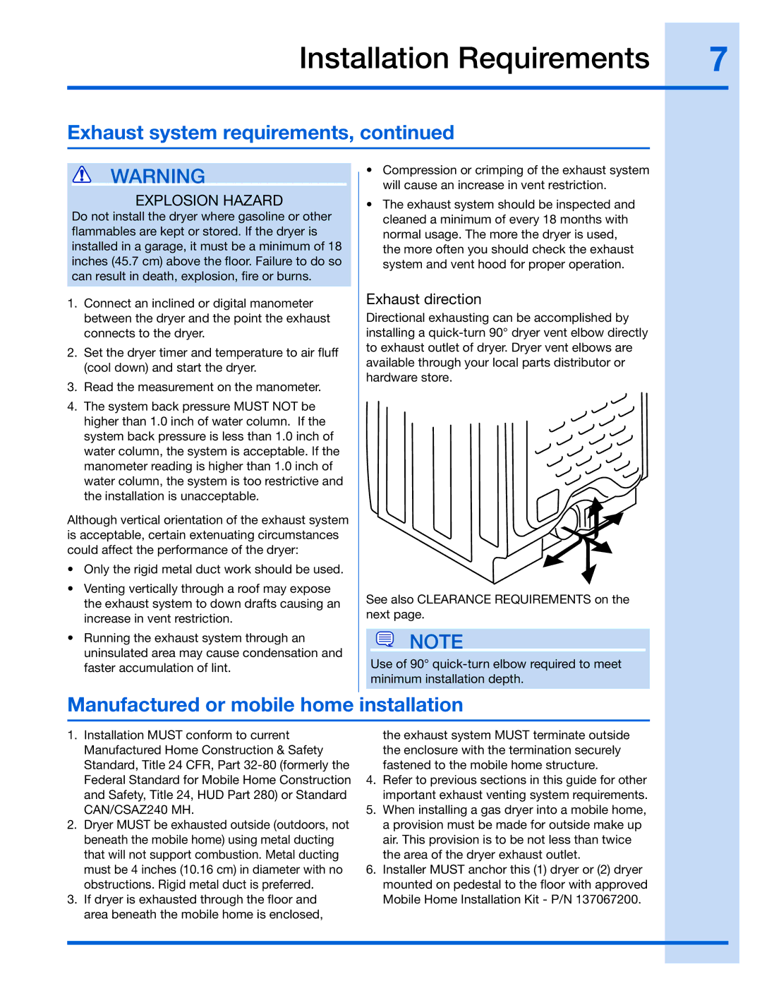 Electrolux 134709300, EWMED65H, 137018200 A, 134912700 Manufactured or mobile home installation, Exhaust direction 