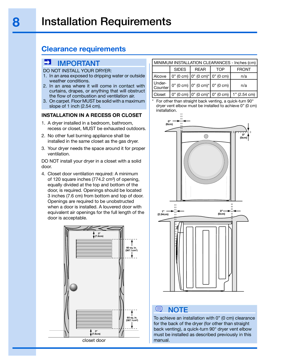 Electrolux EWMED65H, 137018200 A, 134912700, 134709300 Clearance requirements, Do not Install Your Dryer 