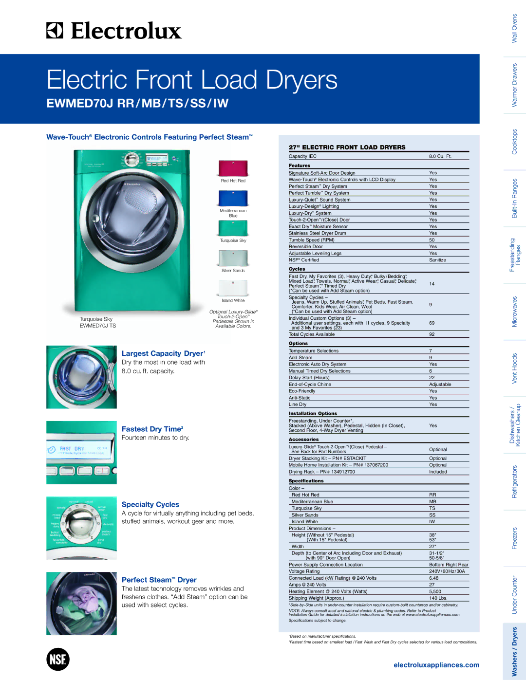 Electrolux EWMED70J system manual Wave-TouchElectronic Controls Featuring Perfect Steam, Largest Capacity Dryer1 