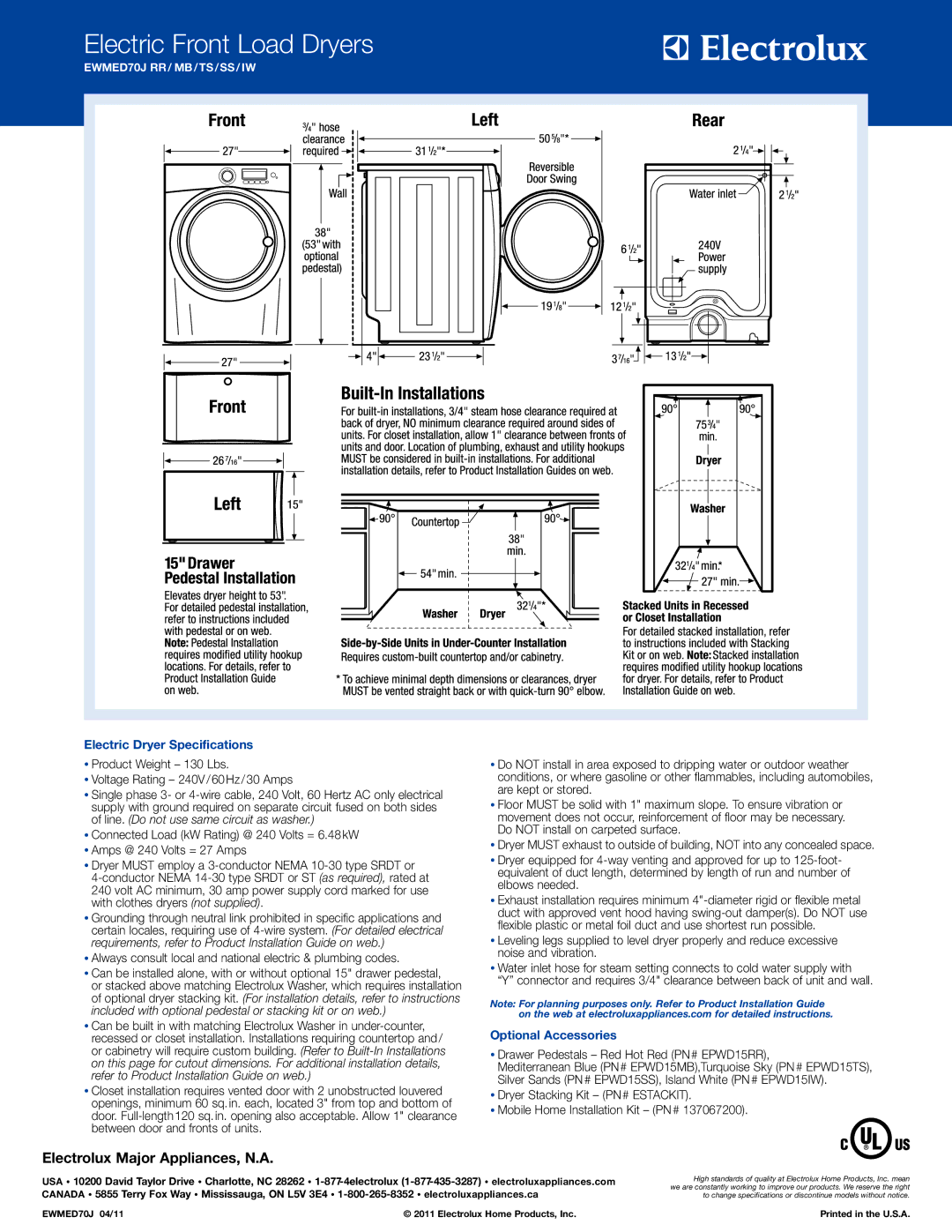 Electrolux EWMED70J system manual Electric Dryer Specifications, Optional Accessories 