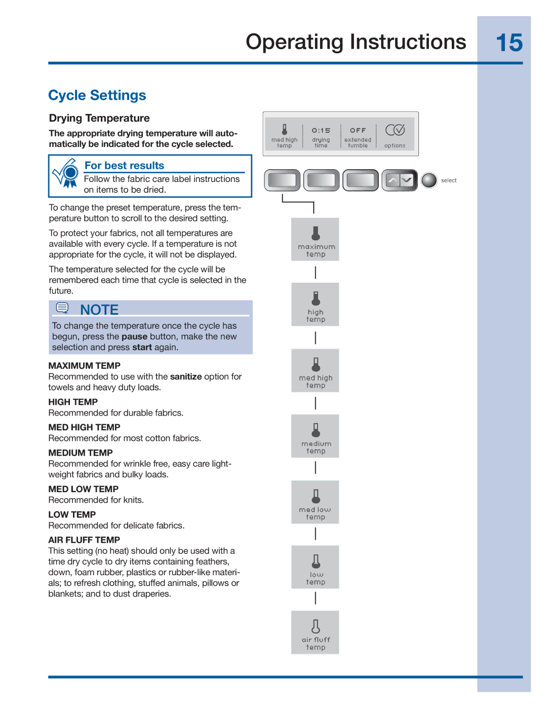 Electrolux EWMED70JIW, EWMED70JSS manual Cycle Settings, Drying Temperature 