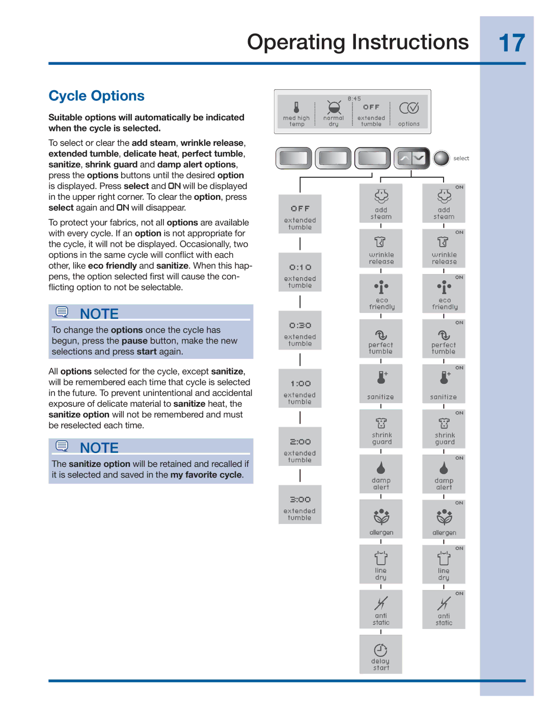 Electrolux EWMED70JIW, EWMED70JSS manual Cycle Options 