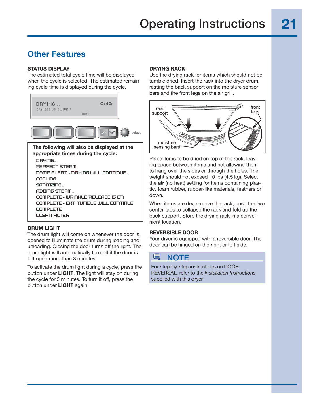 Electrolux EWMED70JIW, EWMED70JSS manual Other Features, Status Display, Drum Light, Drying Rack, Reversible Door 