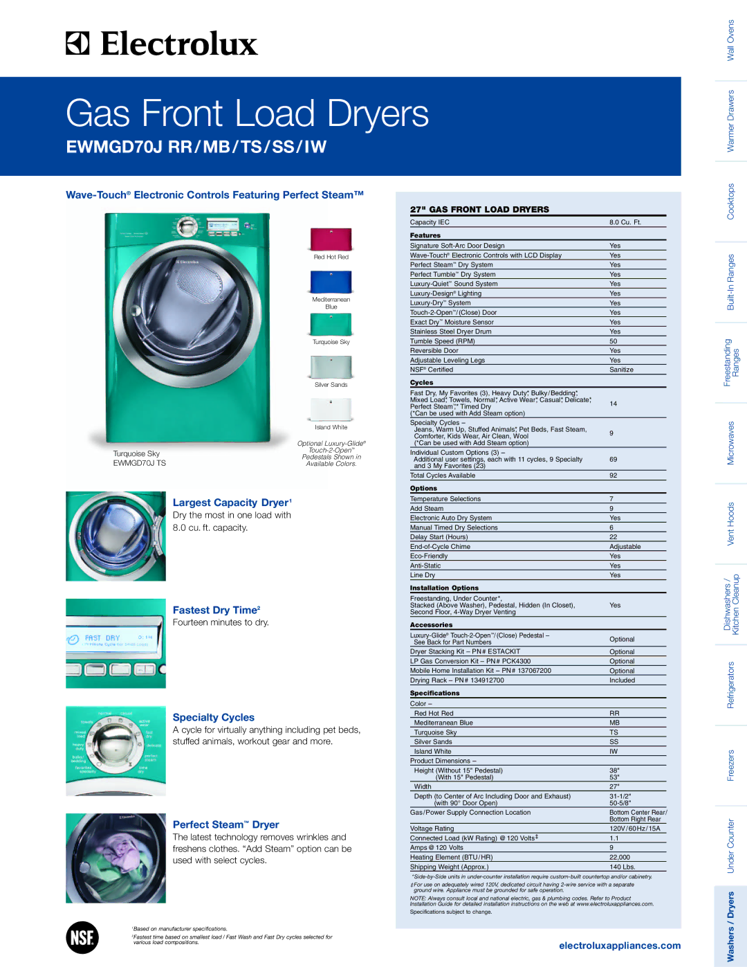 Electrolux EWMGD70JIW system manual Wave-TouchElectronic Controls Featuring Perfect Steam, Largest Capacity Dryer1 