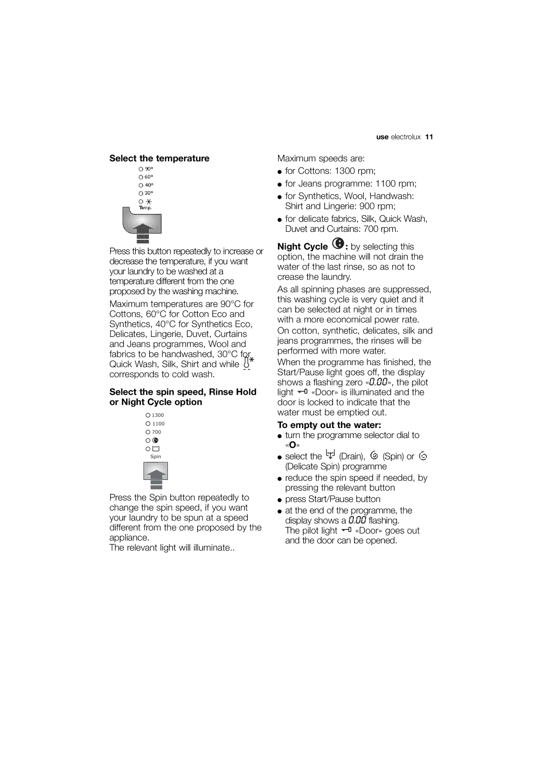 Electrolux EWN 13570 W user manual Select the temperature, Select the spin speed, Rinse Hold or Night Cycle option 