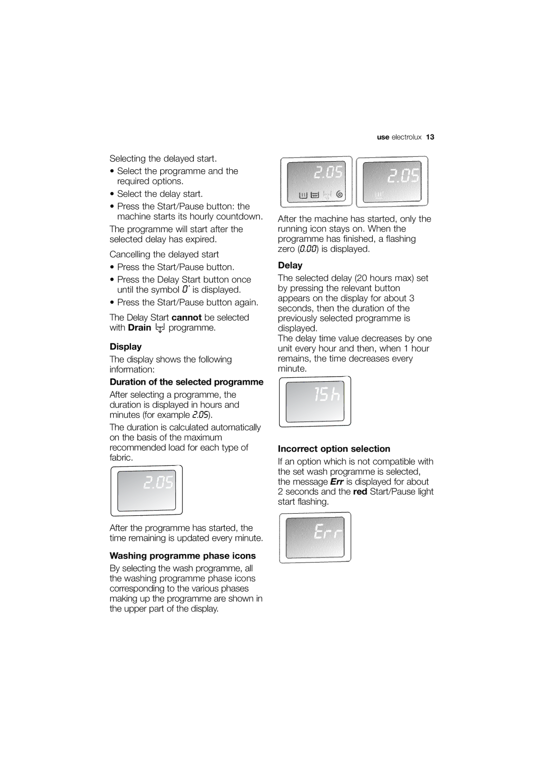 Electrolux EWN 13570 W user manual Duration of the selected programme, Washing programme phase icons, Delay 