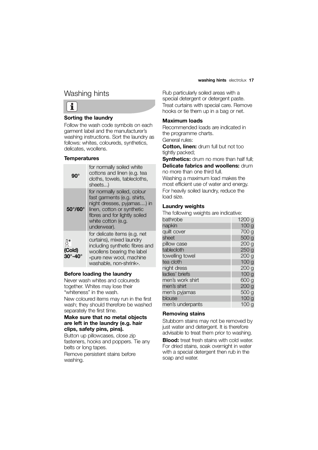 Electrolux EWN 13570 W user manual Washing hints 