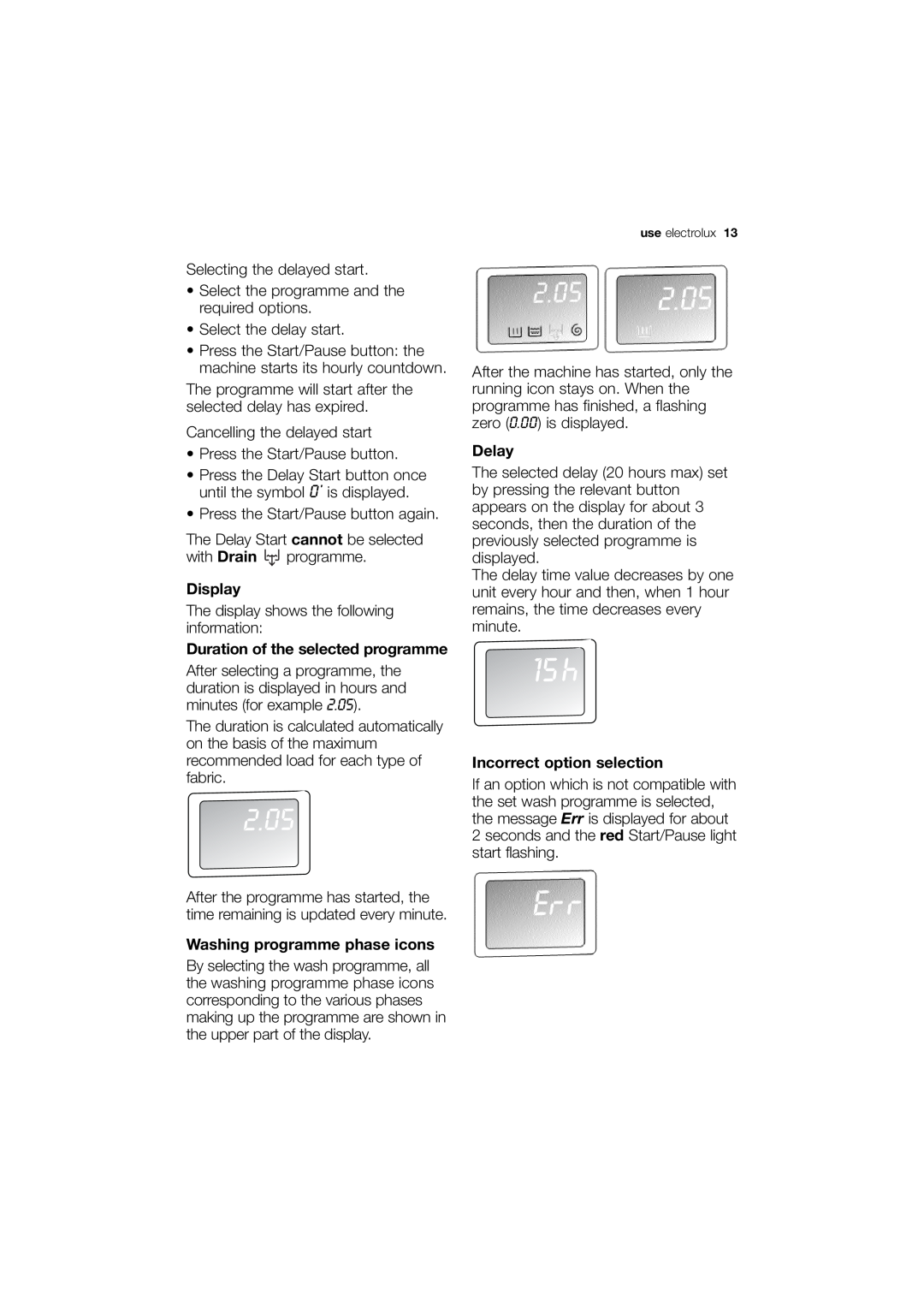 Electrolux EWN 13570 W user manual Display, Duration of the selected programme, Washing programme phase icons, Delay, 2.05 