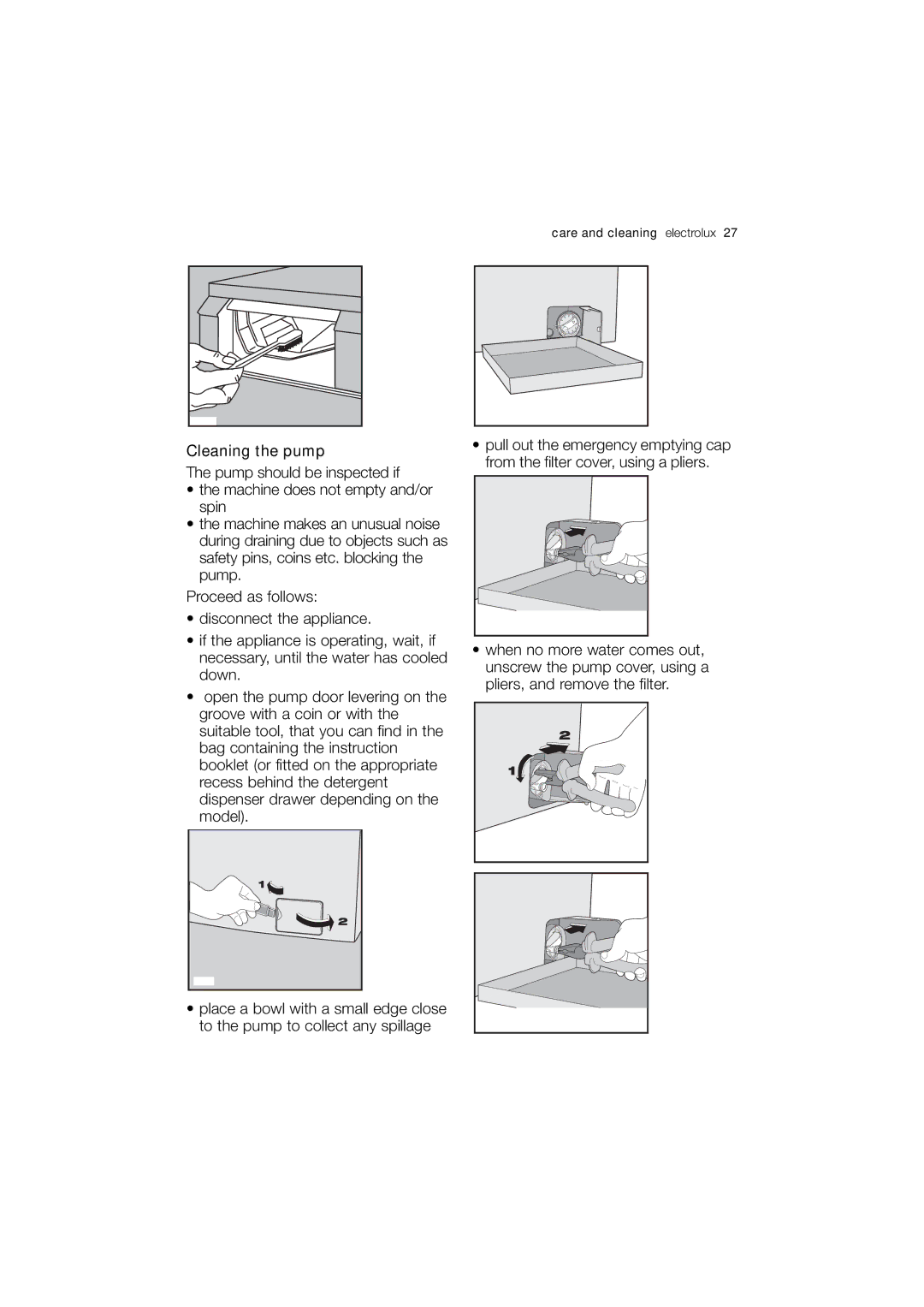 Electrolux EWN 14780 S, EWN 14780 W user manual Cleaning the pump 