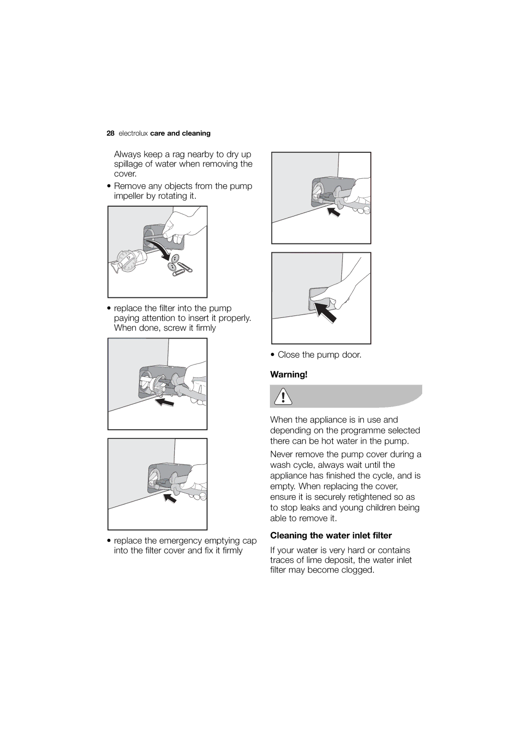 Electrolux EWN 14780 W, EWN 14780 S user manual Cleaning the water inlet filter 