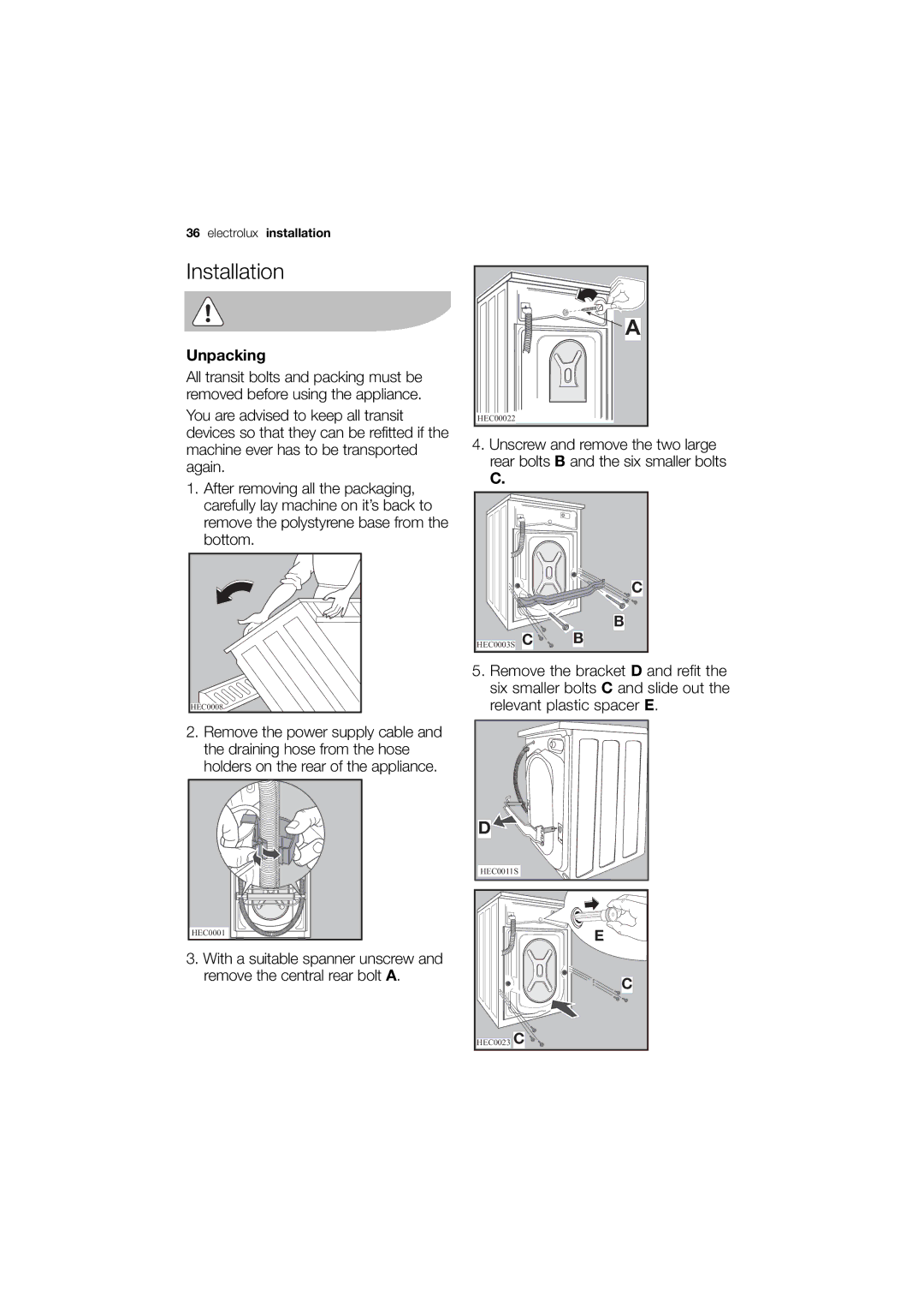 Electrolux EWN 14780 W, EWN 14780 S user manual Installation, Unpacking 