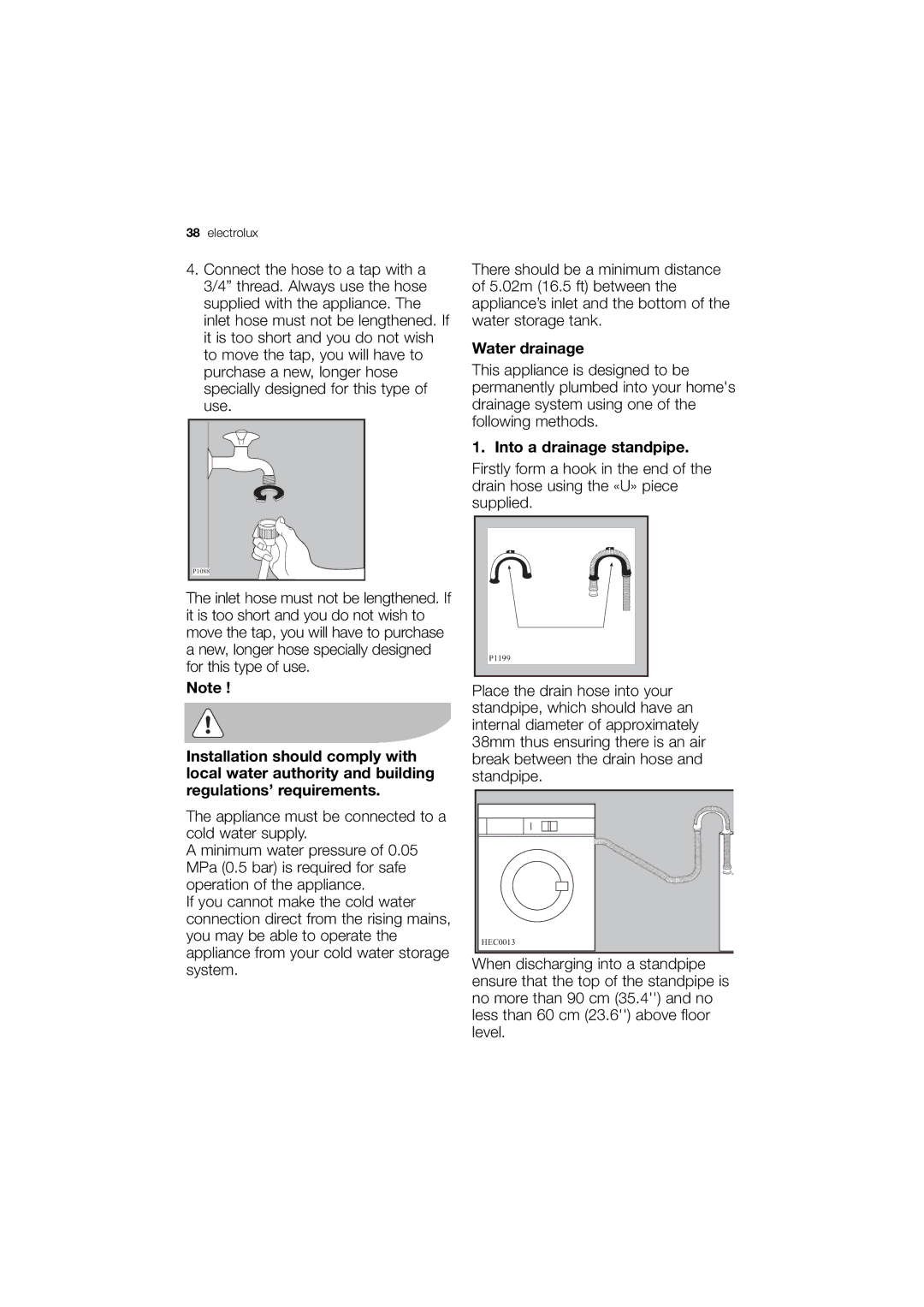 Electrolux EWN 14780 W, EWN 14780 S user manual Water drainage, Into a drainage standpipe 