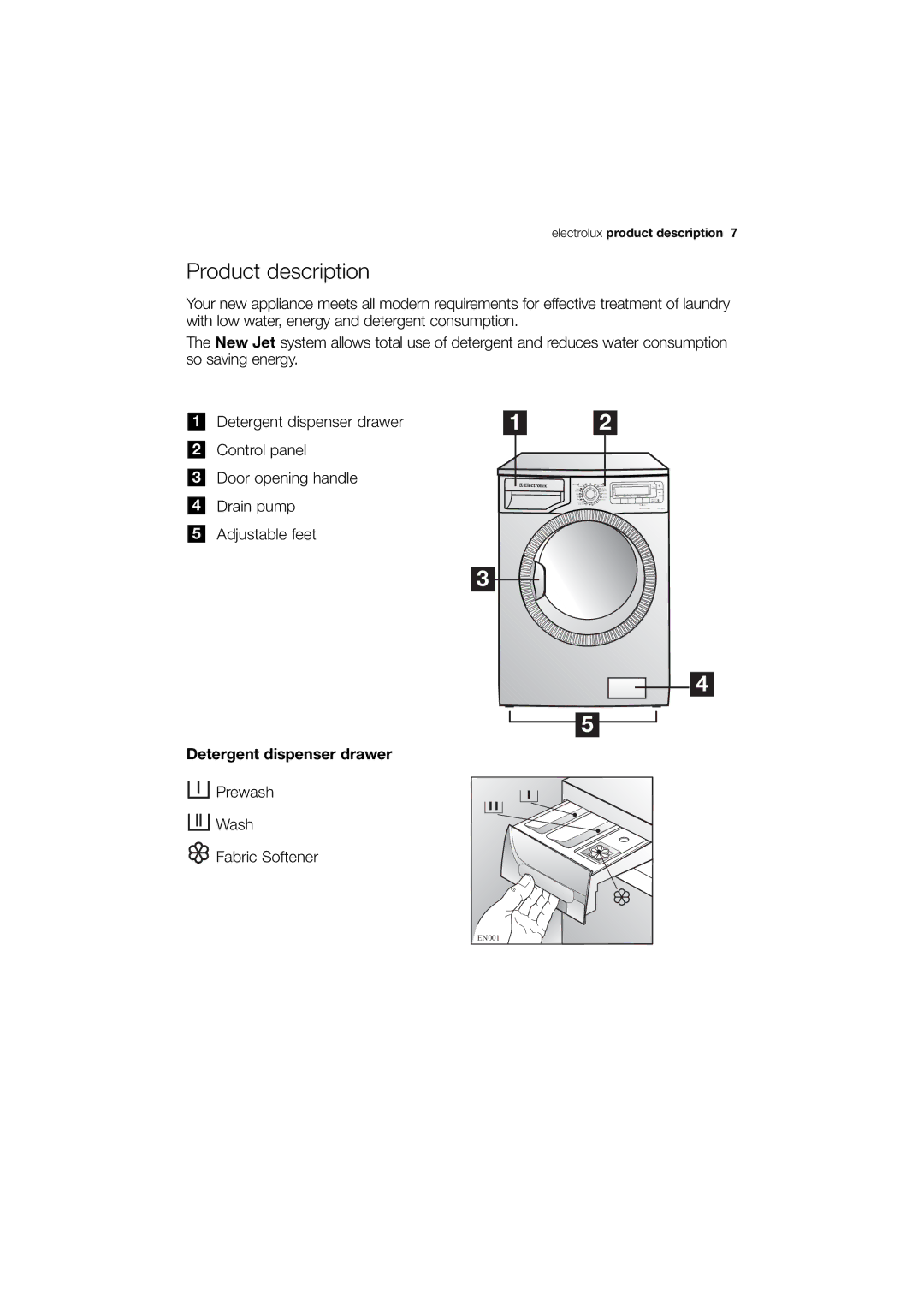 Electrolux EWN 14780 S, EWN 14780 W user manual Product description, Detergent dispenser drawer 