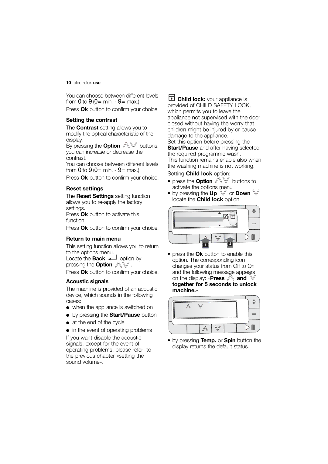 Electrolux EWN 14991 W, EWN 14991 S user manual Setting the contrast, Return to main menu, Acoustic signals, Or Down 