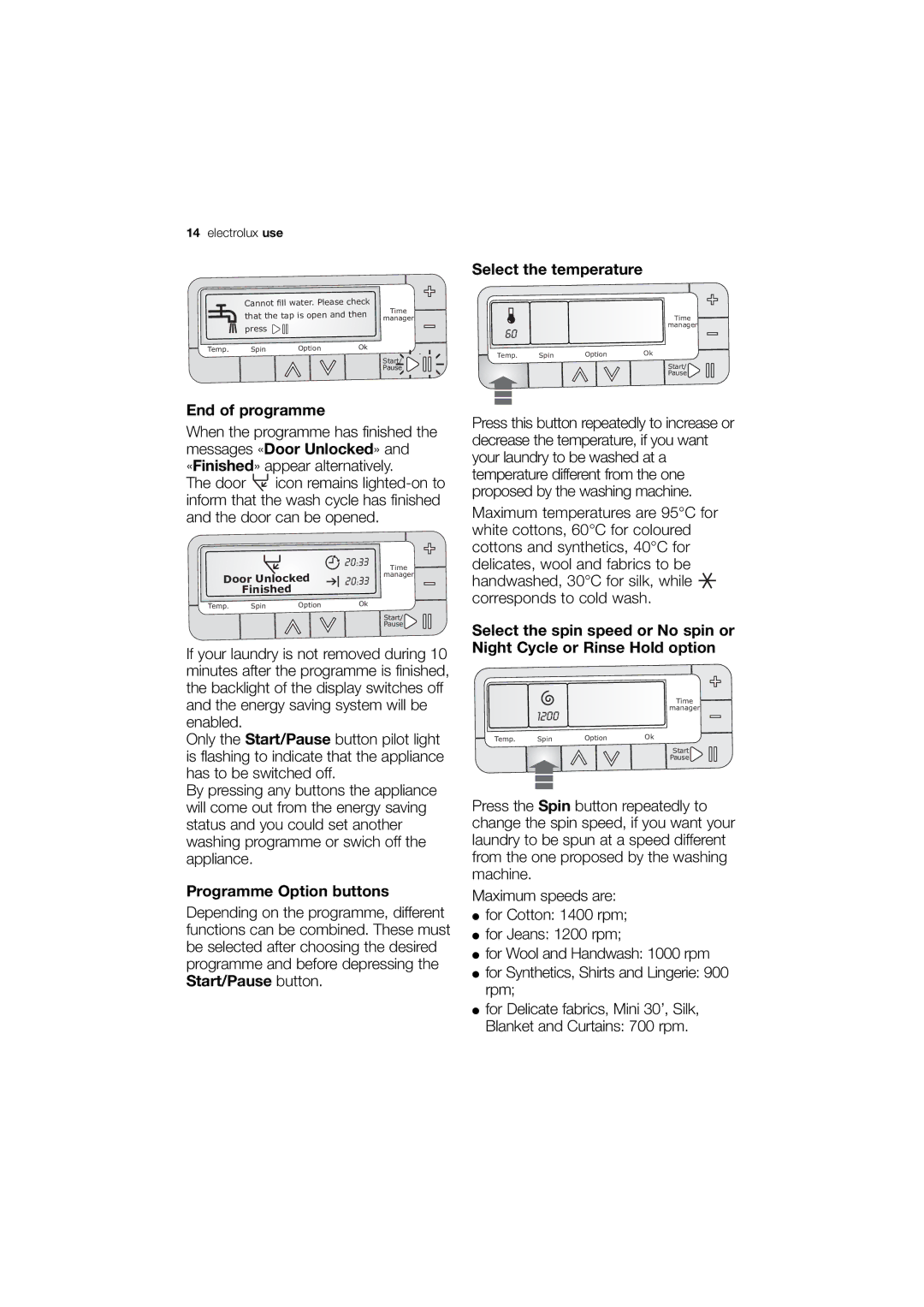 Electrolux EWN 14991 W, EWN 14991 S user manual Select the temperature, End of programme, Programme Option buttons 