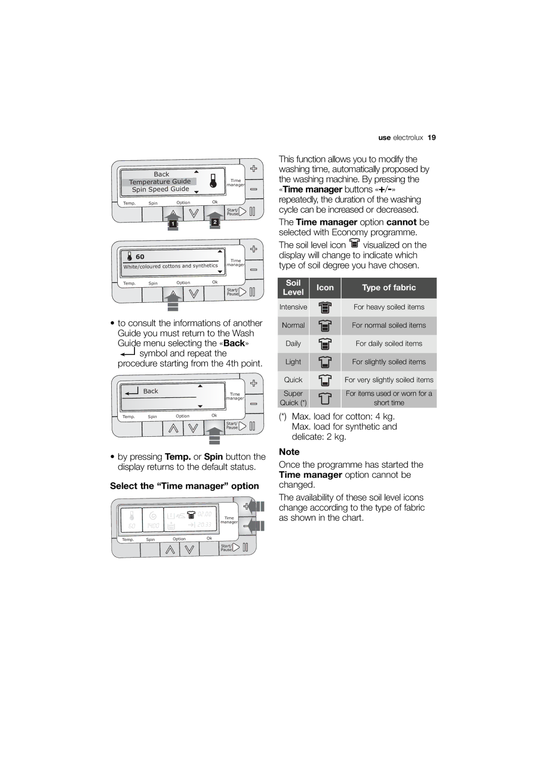 Electrolux EWN 14991 S, EWN 14991 W user manual Select the Time manager option, Spin Speed Guide 