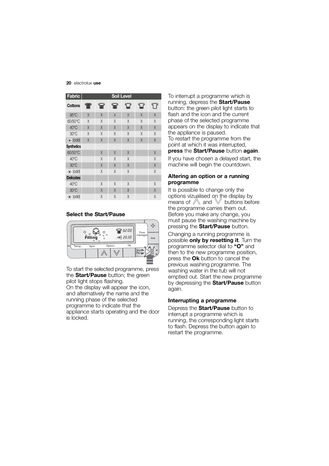 Electrolux EWN 14991 W Select the Start/Pause, Altering an option or a running programme, Interrupting a programme 