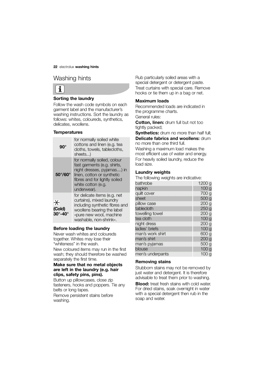 Electrolux EWN 14991 W, EWN 14991 S user manual Washing hints 