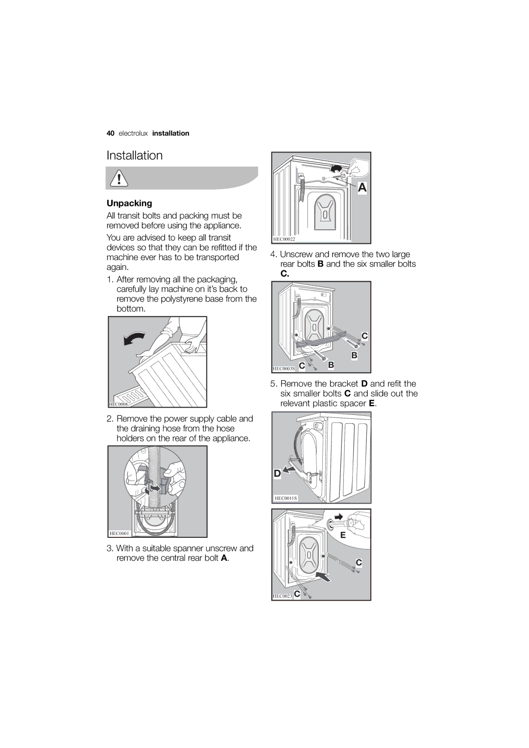 Electrolux EWN 14991 W, EWN 14991 S user manual Installation, Unpacking 