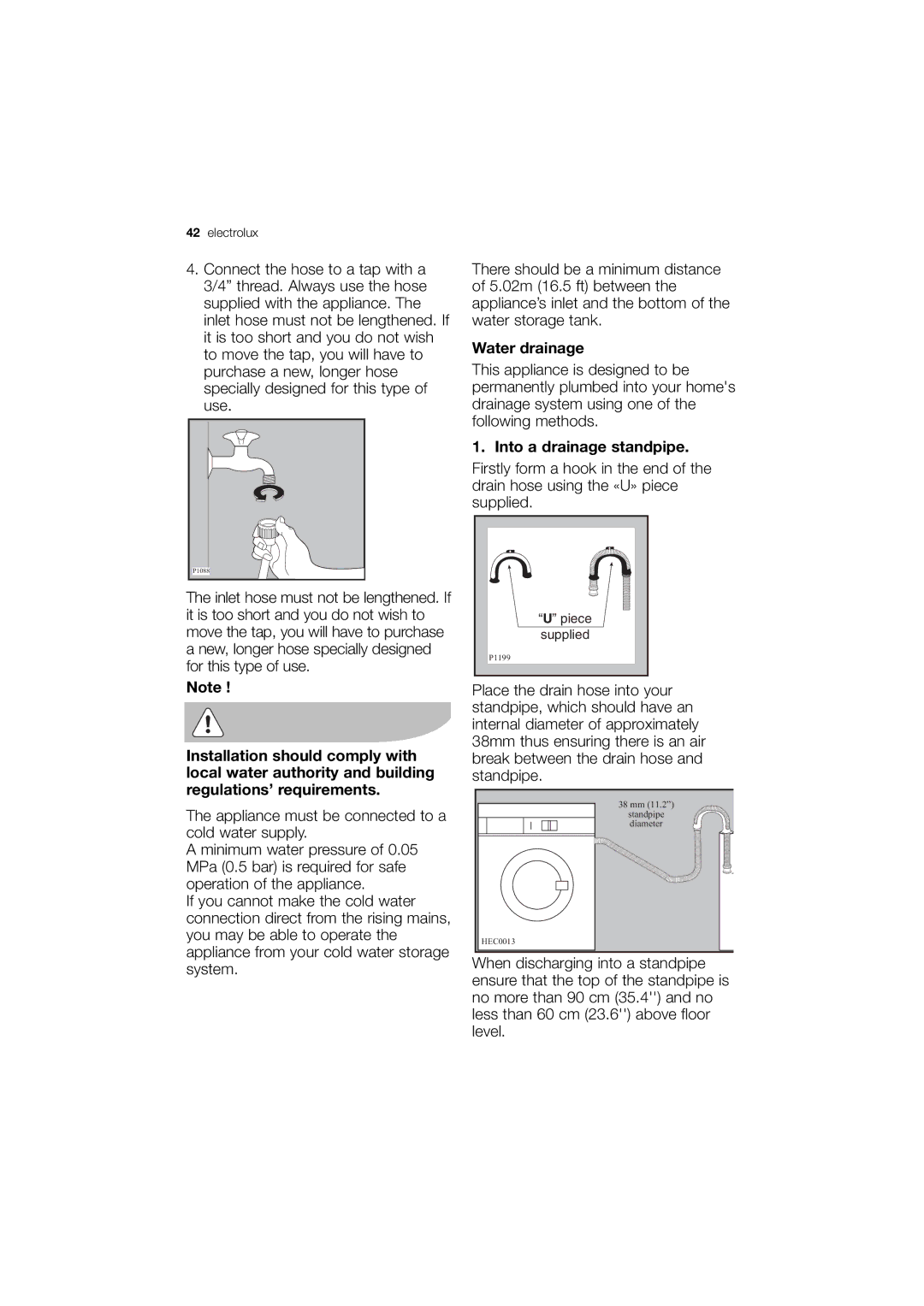 Electrolux EWN 14991 W, EWN 14991 S user manual Water drainage, Into a drainage standpipe 