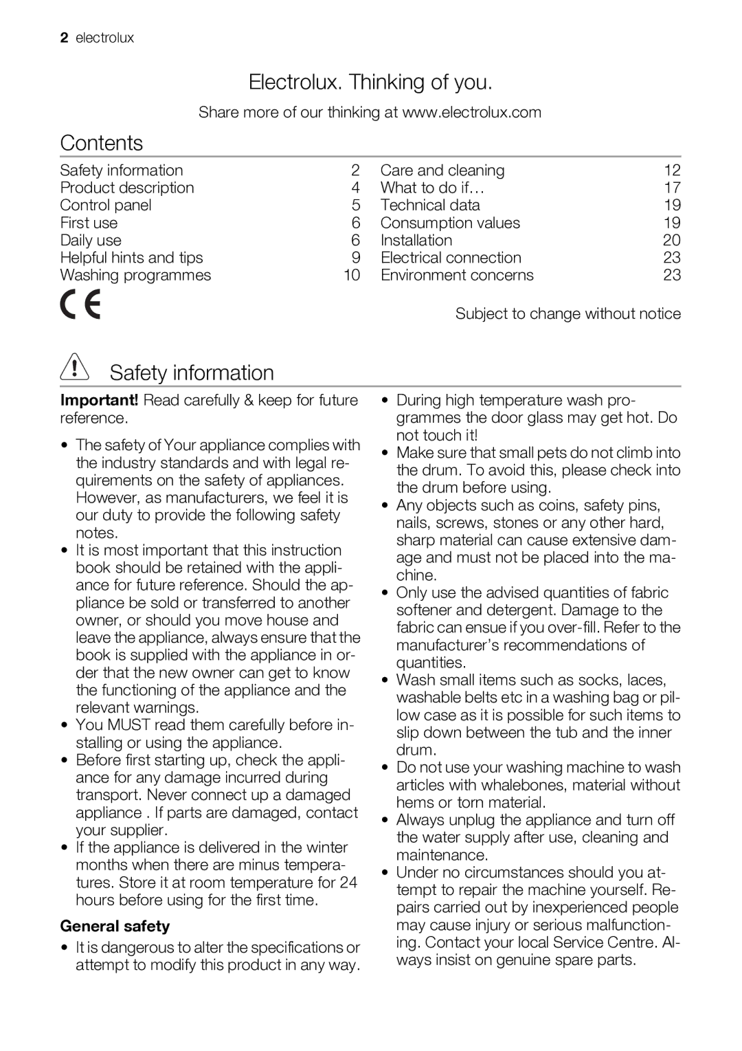 Electrolux EWP 10075 W user manual Electrolux. Thinking of you Contents, Safety information 