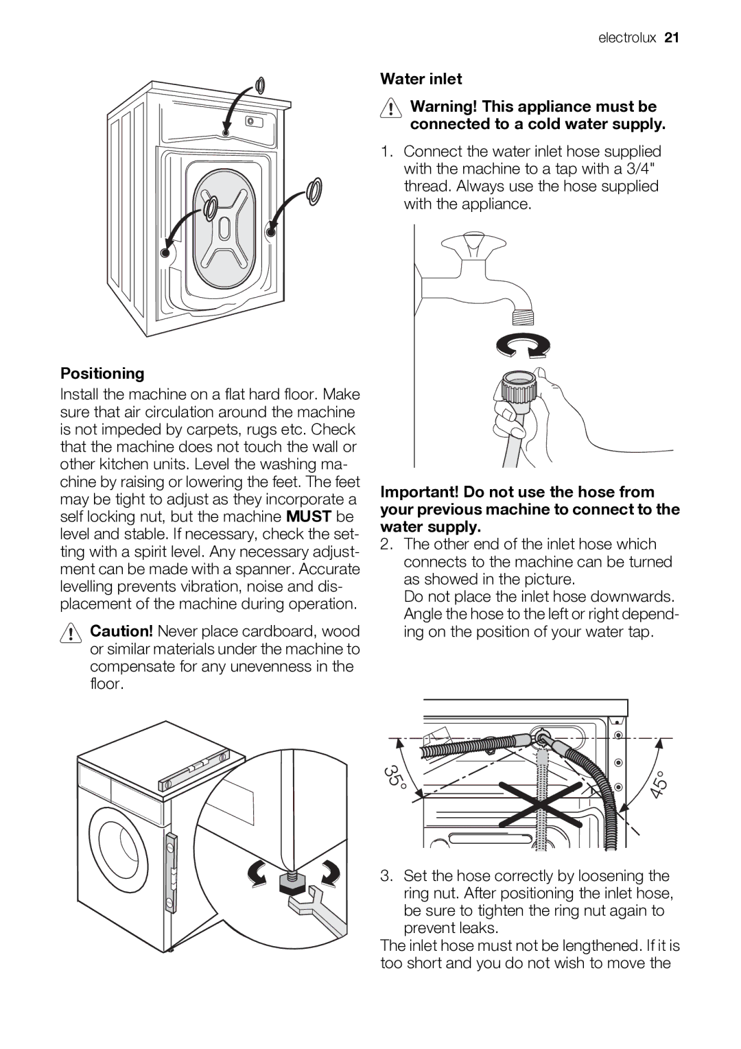 Electrolux EWP 10075 W user manual Positioning, Water inlet 