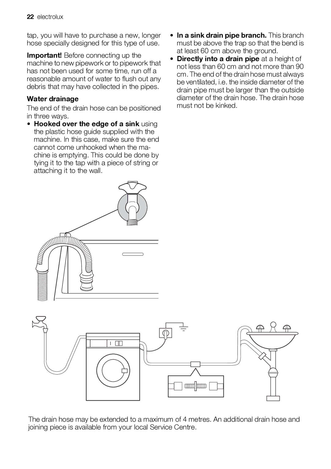 Electrolux EWP 10075 W user manual Water drainage, End of the drain hose can be positioned in three ways 