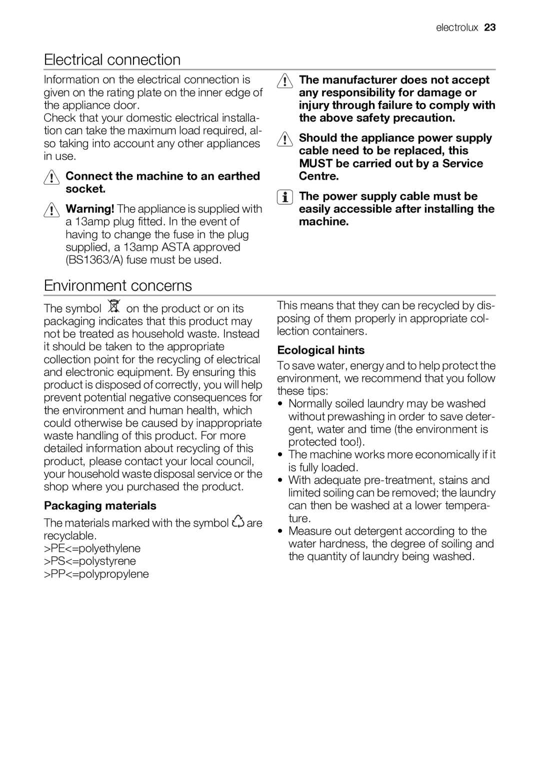 Electrolux EWP 10075 W user manual Electrical connection, Environment concerns, Packaging materials, Ecological hints 