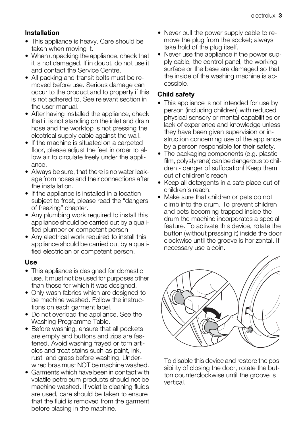 Electrolux EWP 10075 W user manual Installation, Use, Child safety 