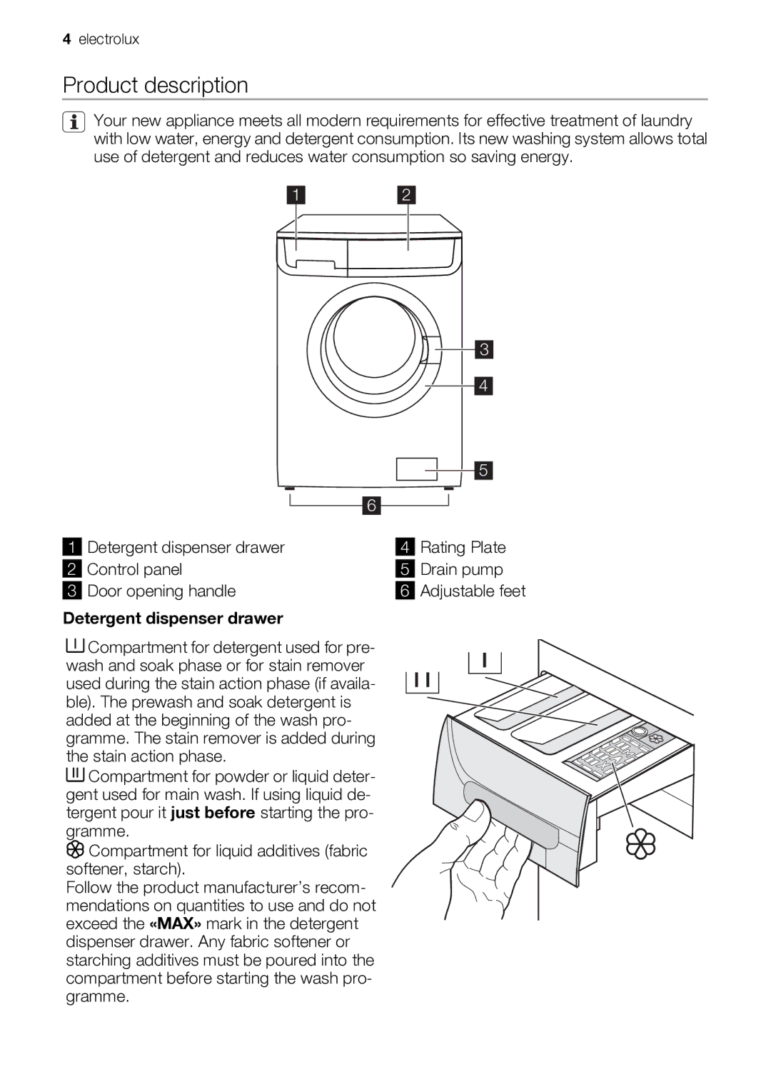 Electrolux EWP 10075 W user manual Product description, Detergent dispenser drawer 