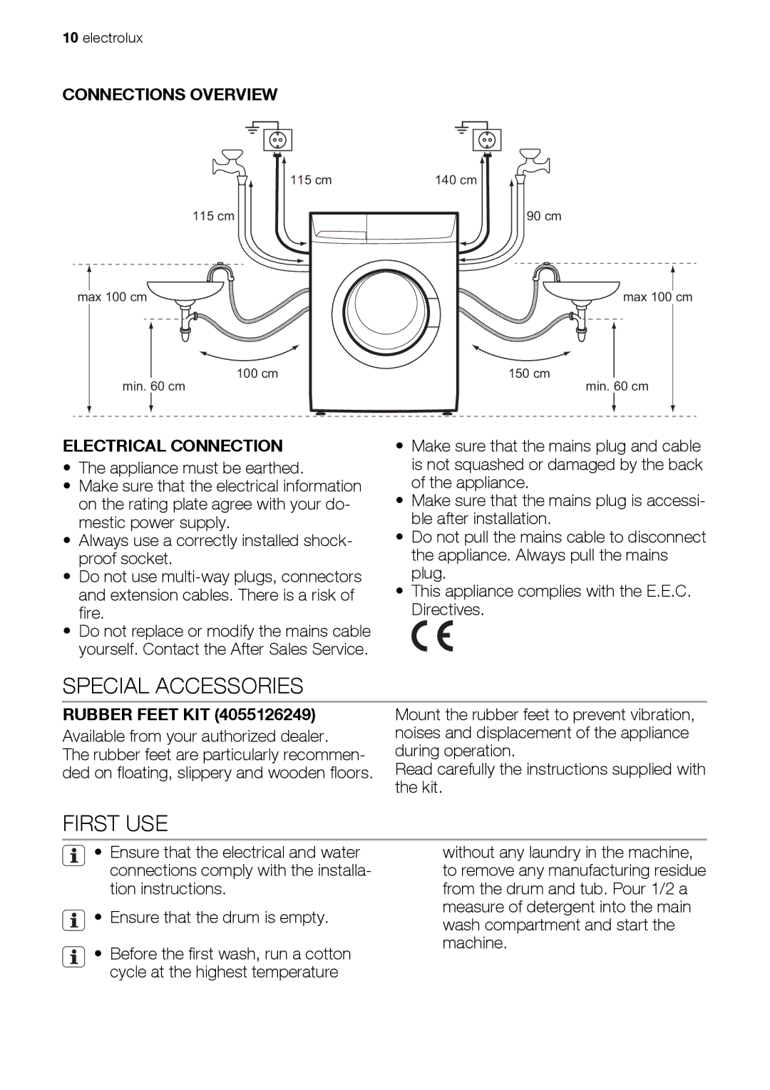 Electrolux EWP 126100 W Special Accessories, First USE, Connections Overview, Electrical Connection, Rubber Feet KIT 