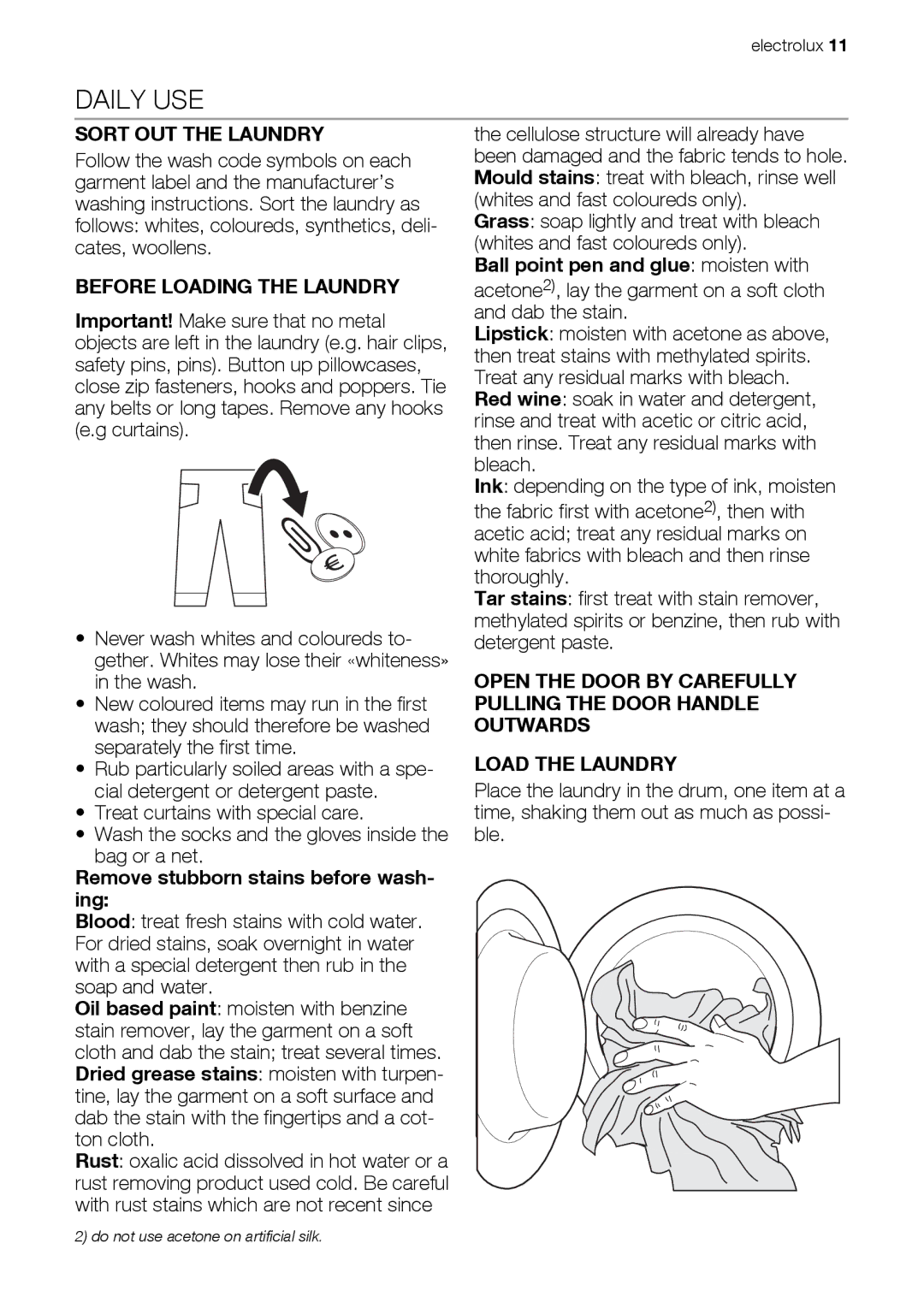 Electrolux EWP 86100 W Daily USE, Sort OUT the Laundry, Ball point pen and glue moisten with, Before Loading the Laundry 